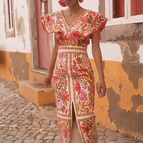 Women's Graphic Color Block Backless Split Thigh V Neck Flutter Sleeve Midi Dress Elegant Stylish Date Vacation Sleeveless Summer