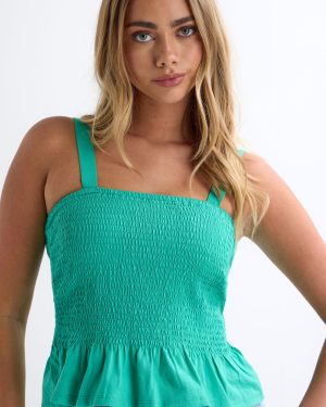 Womens Green Shirred Peplum Cami Top