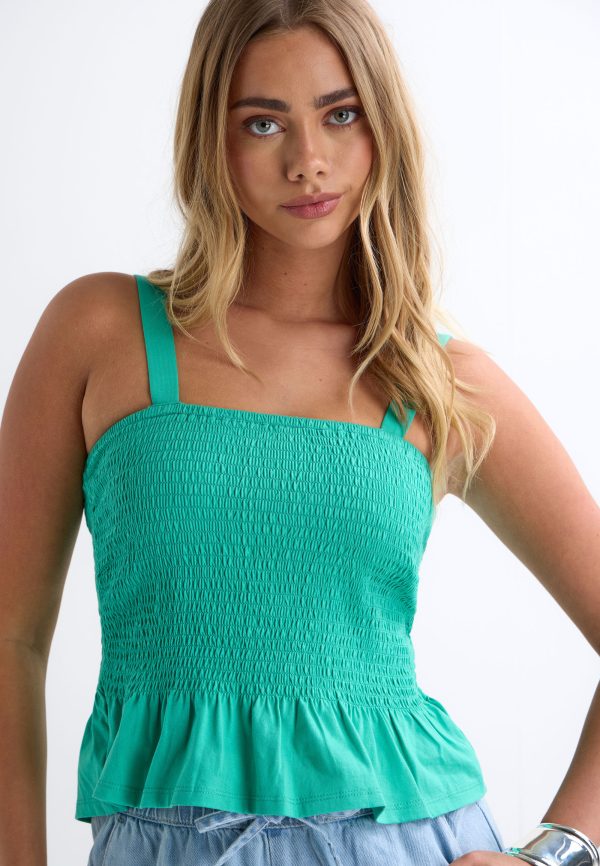 Womens Green Shirred Peplum Cami Top