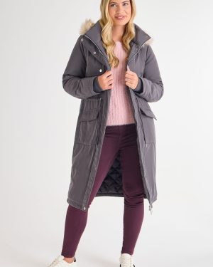 Womens Grey Mid Length Parka Coat