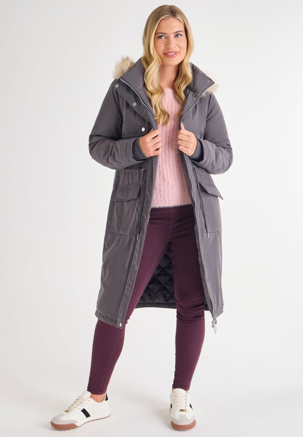 Womens Grey Mid Length Parka Coat