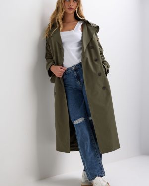 Womens Khaki Double Breasted Hooded Trench Coat
