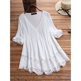 Women's Lace Shirt Blouse Eyelet top WhiteLaceShirt Tribal Casual 3/4 Length Sleeve V Neck Regular Tops Vacation Daily Beach Lace Flowing tunic Navy Watermel