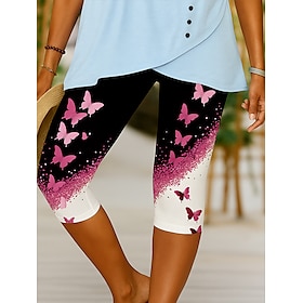 Women's Leggings Elegant Vacation Fashion Capris High Waist Graphic Butterfly Glitter Shine Stretchy Outdoor Vacation Causal Yellow Pink Blue Summer Spring Ski