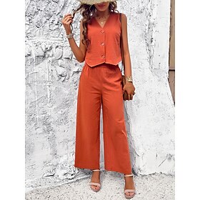 Women's Linen-Inspired Sets Vest Layered V-Neck Top Buttoned Crop Shirt High-Waisted Wide-Leg Pants Rust Orange Linen Textured Lightweight Spring Summer Casual