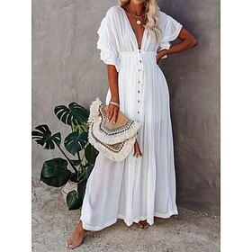 Women's Long Dress Maxi Dress Party Dress Casual Dress Swing Dress Pure Color Fashion Casual Outdoor Daily Vacation Ruffle Backless Short Sleeve V Neck Dress L