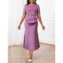 Women's Maxi Dress Lace Dress Casual Dress Bodycon Elegant Stylish Party Wedding Guest Cocktail Party Regular Fit Solid Color 3/4 Length Sleeve Crew Neck Pink Navy Blue Purple Summer