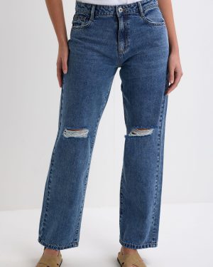 Womens Mid Blue Plain Straight Leg Ripped Jeans