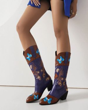 Women's Mid Calf Boots PU Leather Pointed Toe Embroidered Cowboy Boots