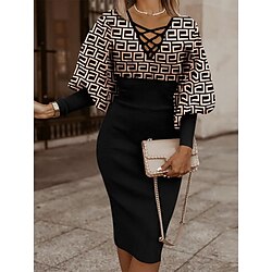 Women's Midi Dress Bodycon Dress Work Dresses Semi Formal Office Regular Fit Geometric Long Sleeve V Neck Black White Red Gold Spring Fall Winter