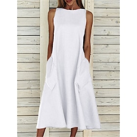 Women's Midi Dress Sleeveless Pockets Casual A-Line Silhouette Round Neckline White Summer Versatile Regular Fit Comfortable Lightweight Breathable Clothing Ap