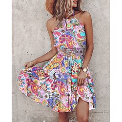 Women's Mini Dress Petite Dress Boho Chic Dresses A Line Dress Boho Dress Bohemia Daily Beach Regular Fit Geometric Sleeveless Halter Neck Colourful White Pink Sky Blue Summer