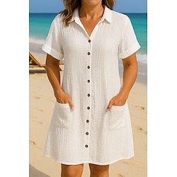 Women's Mini Dress Shirt Dress Winter Dress Cotton Linen Dress Casual Vacation Regular Fit Plain Short Sleeve V Neck Black White Yellow Blue Summer