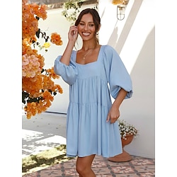 Women's Mini Dress Summer Dress Fit And Flare Dress Backless Dress Vacation Party Birthday Lantern Sleeve Party Daily Holiday Loose Fit Plain 3/4 Length Sleeve Square Neck Light Blue Orange Summer