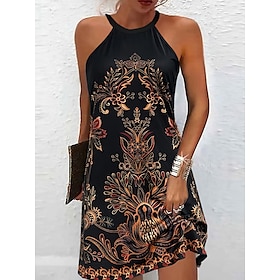 Women's Mini Dress Sundress Halter Dress Off The Shoulder Dress Vacation Casual Daily Regular Fit Floral Graphic Tribal Sleeveless Halter Neck Black Summer