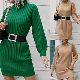 Women's Mini Dress Sweater Dress Knit Dress Casual Dress Fashion Outdoor Party Holiday Regular Fit Plain Short Sleeve Turtleneck Green Khaki Fall