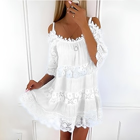 Women's Mini Dress White Dress Graduation Dress Lace Dress Boho Dress Stylish Basic Modern Vacation Loose Fit Pure Color Half Sleeve Crew Neck Black White Gree