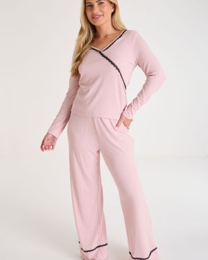 Womens Pink Ballet Wrap Lace Trim Pyjama Top