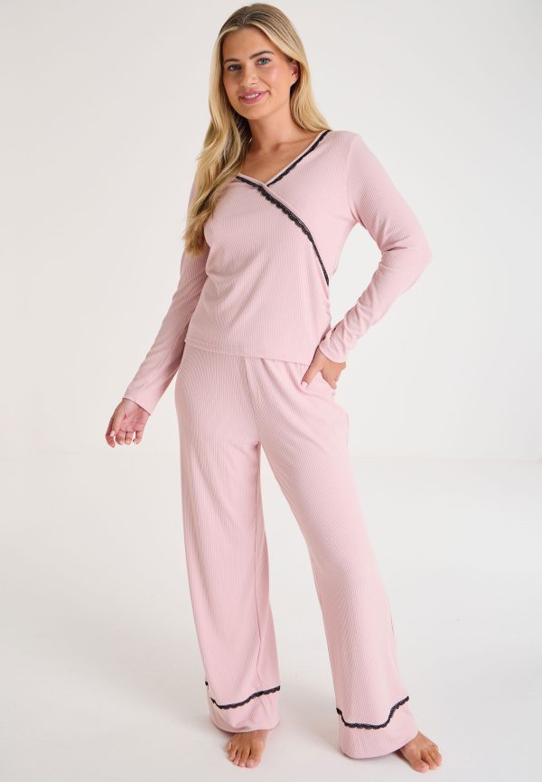 Womens Pink Ballet Wrap Lace Trim Pyjama Top