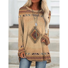 Women's Plus Size T Shirt Tunic Shirts Geometric Plaid Vintage Tunic Ethnic Long Sleeve Round Neck Long Tops Casual Print Marron Yellow Light Green Wine Red Fa