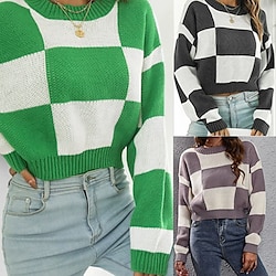Women's Pullover Casual Color Block Chunky Crew Neck Knitted Long Sleeve Crop Tops Knit Daily Holiday Going out Black Purple Fall Winter