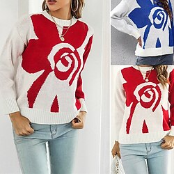Women's Pullover Casual Floral Chunky Crew Neck Knitted Long Sleeve Regular Tops Knit Daily Holiday Going out Red Blue Fall Winter
