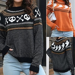 Women's Pullover Casual Monster Chunky Crew Neck Knitted Long Sleeve Regular Tops Knit Christmas Daily Holiday Black White Fall Winter