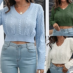 Women's Pullover Casual Solid Color Chunky V Neck Knitted Long Sleeve Crop Tops Knit Daily Holiday Going out White Blue Fall Winter