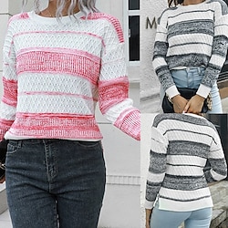 Women's Pullover Casual Striped Chunky Crew Neck Knitted Long Sleeve Regular Tops Knit Daily Holiday Going out Black Red Fall Winter