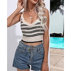 Women's Pullover Casual Striped Chunky V Neck Knitted Sleeveless Regular Tops Knit Daily Holiday Going out Beige Summer