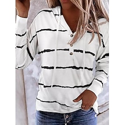 Women's Pullover Hoodie Sweatshirt Striped Streetwear Casual Comfy Long Sleeve Hooded Regular Tops Street Holiday Going out Buttons Print Black White Fall