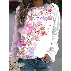Women's Pullover Sweatshirt Floral Graphic Casual Long Sleeve Crew Neck Regular Tops Street Casual Holiday Print Pink Blue Dark Blue Spring Fall Winter