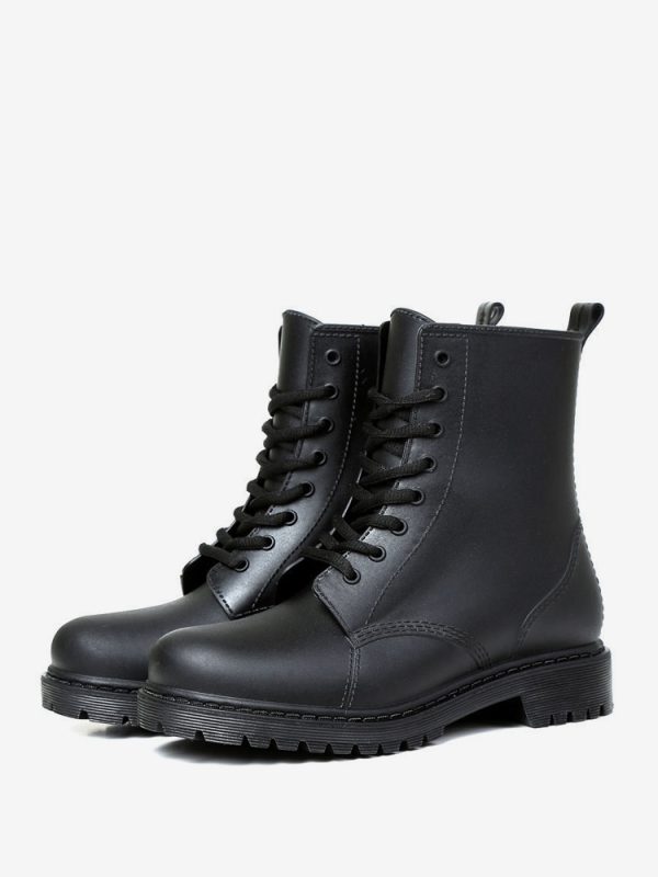 Women's Rain Boots Black Round Toe Lace Up Waterproof ankle Boots