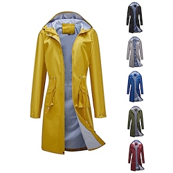 Women's Raincoat Waterproof Rain Jacket Mid-Length Windproof Trench Coat Sport Outdoor Hiking Hooded Jacket with Pockets Casual Jacket Long Sleeve Drawstring Winter Coat Warm Black Yellow
