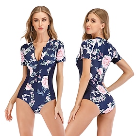 Women's Rash Guard One Piece Swimsuit UV Sun Protection Breathable Quick Dry Short Sleeve Bodysuit Bathing Suit Front Zip Swimming Surfing Beach Water Sports F