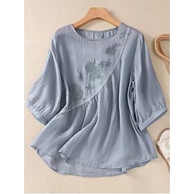 Women's Shirt Blouse Cotton Linen Shirts Solid Color Basic Casual 3/4 Length Sleeve Crew Neck Regular Tops Daily Embroidered White Pink Blue Khaki Summer Sprin