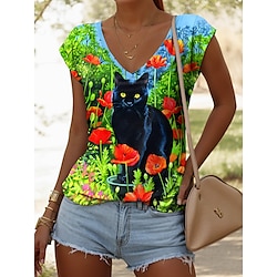 Women's Shirt Blouse Floral Graphic Cat Active Stylish Casual Sleeveless Strap Regular Tops Daily Print White Green Summer Spring