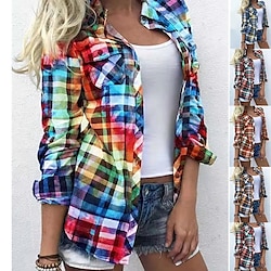 Women's Shirt Blouse Shacket Yellow Red Blue Plaid Color Block Button Print Long Sleeve Daily Weekend Streetwear Casual Shirt Collar Regular S