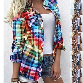 Women's Shirt Blouse Shacket Yellow Red Blue Plaid Color Block Button Print Long Sleeve Daily Weekend Streetwear Casual Shirt Collar Regular S