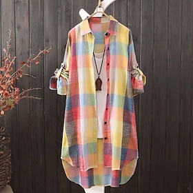 Women's Shirt Cotton Linen Shirts Blouse Plaid Casual Long Sleeve Shirt Collar Long Tops Casual Print Black Red Royal Blue Blue Summer Spring Fall