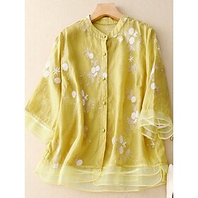 Women's Shirt Cotton Linen Shirts Button Up Blouse Floral Basic Casual 3/4 Length Sleeve High Neck Regular Tops Daily Embroidered Buttons Yellow Purple Green B