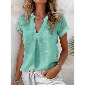 Women's Shirt Cotton Linen Shirts Daily Business Short Sleeve Cap Sleeve High Neck Regular Tops Work Daily Yellow Blue Sky Blue Light Grey Summer
