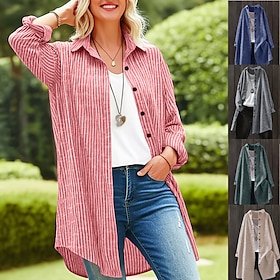 Women's Shirt Jacket Casual Jacket Comfortable Breathable Buttons Print Casual Plaid Vacation Street Casual Daily Wear Single Breasted Long Turndown Regular Fi