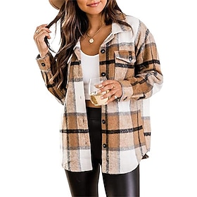 Women's Shirt Jacket Casual Jacket Warm Comfortable Pocket Fashion Outdoor Plaid Going out Weekend Single Breasted Regular Turndown Regular Fit Long Sleeve Out