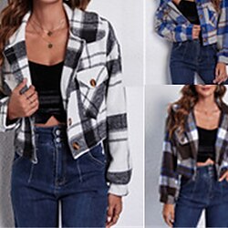 Women's Shirt Jacket Warm Comfortable Pocket Fashion Outdoor Plaid Going out Weekend Short Turndown Regular Fit Long Sleeve Outerwear Black Blue Brown Fall Winter