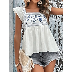 Women's Shirt Peplum Casual Floral Print Short Sleeve Regular Tops Square Neck Vacation Daily White Summer