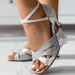Women's Silver Glitter Open-Toe Latin Dance Shoes - Rhinestone Embellished Ankle Strap Sandals for Ballroom and Party Events