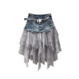 Women's Skirt A Line Basic Long Carnival Costumes Ladies Asymmetrical Skirts Color Block Solid Colored Pleated Tulle Vacation Daily Wear Black Light Blue Summe