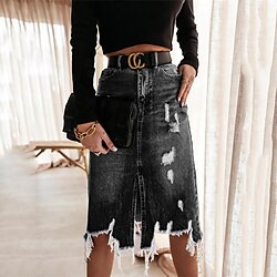 Women's Skirt Denim Midi Skirt Fashion Casual Midi High Waist Skirts Solid Colored Pocket Ripped Casual Daily Weekend Black Blue Summer Denim