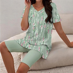 Women's Sleepwear Casual Two-Piece Set Floral Stripe Print Short Sleeve V-Neck Top with Capri Leggings Spring Summer Comfort Fit Pastel Mint Green Regular Plus